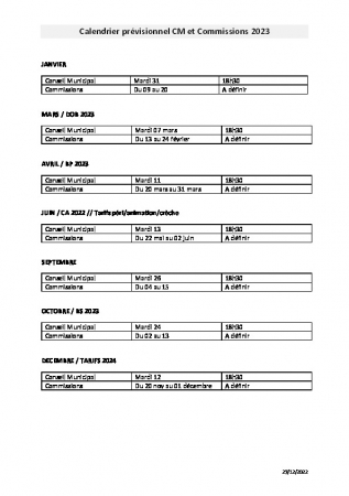 Calendrier prévisionnel CM et Commissions 2023