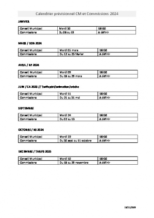 Calendrier prévisionnel CM ET COMMISSIONS 2024
