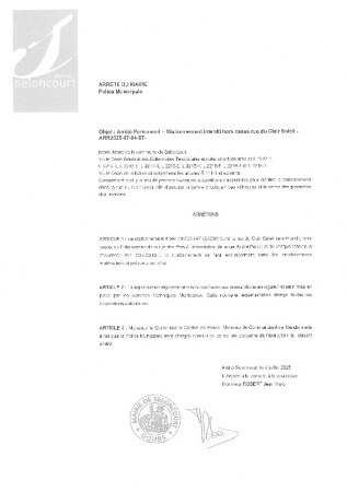 ARR20250704-87 Arrêté Permanent rue du Clair Soleil stationnement interdit hors cases