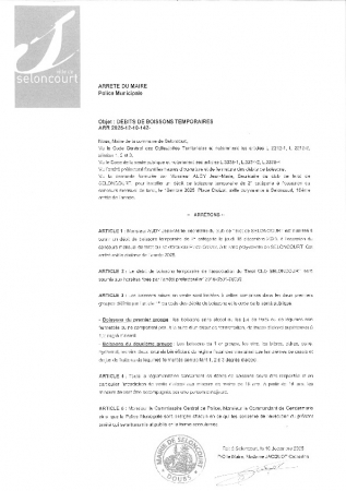 ARR20251012-142 Arrêté d'autorisation d'ouverture temporaire d'un débit de boissons - Club de tarot Seloncourt - 18 décembre 2025